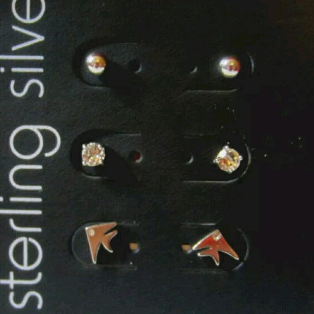 3/$20 Sterling Silver 3-pr Stud Earrings Fish Cubic Zirc